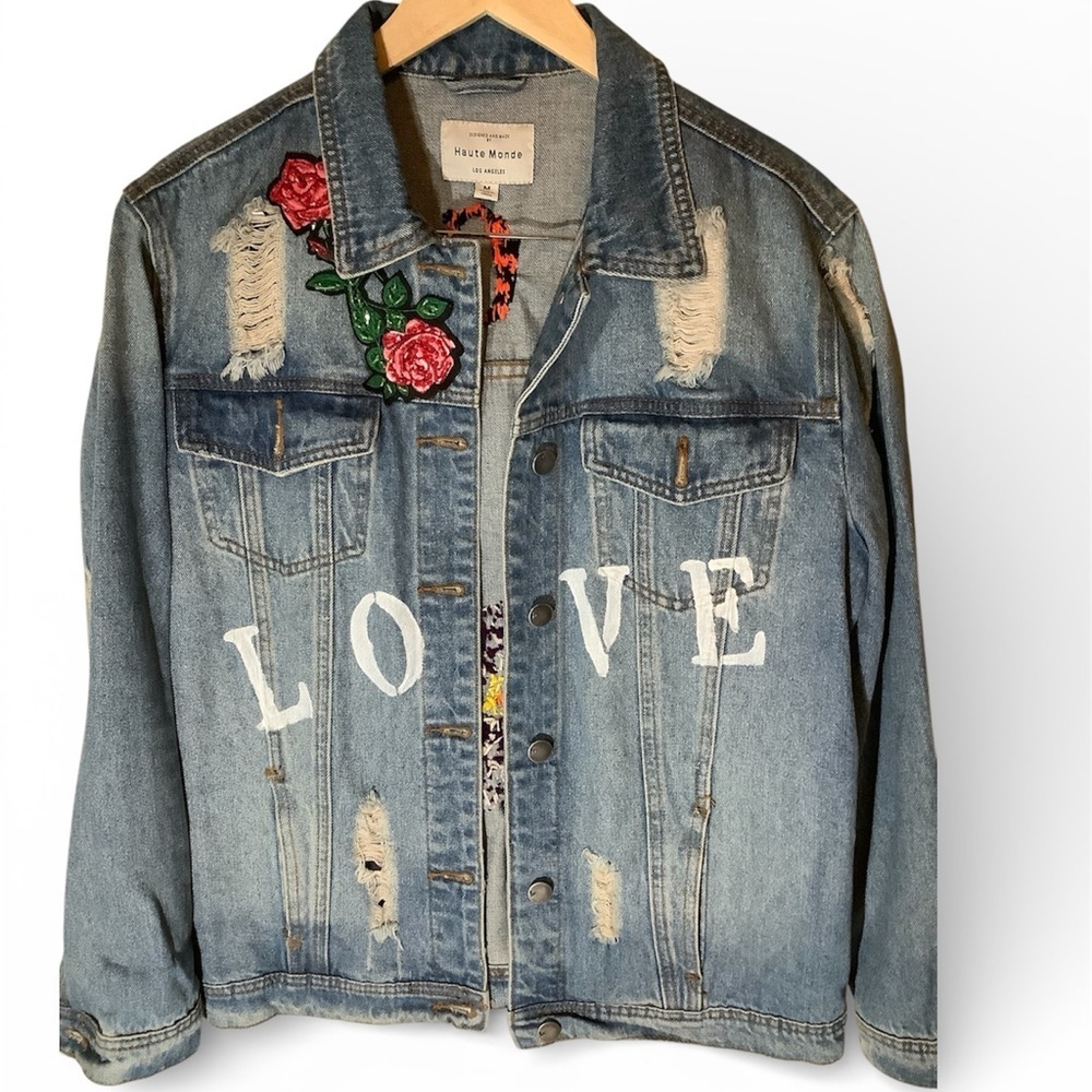 OOAK Hand-Embroidered Haute Monde Distressed Denim Jacket - Rose & LOVE - M